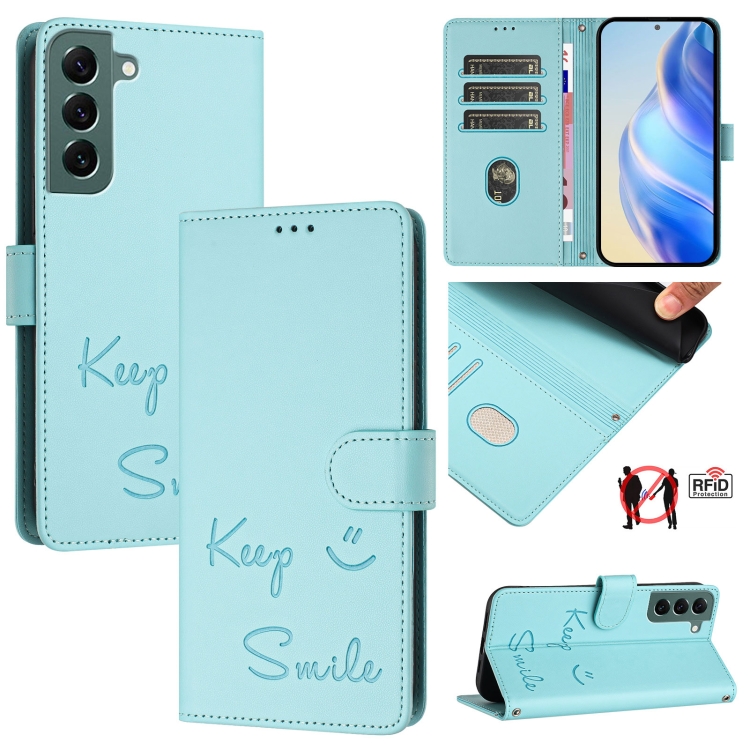 

For Samsung Galaxy S22+ 5G Smile Embossing RFID Leather Phone Case(Mint Green)