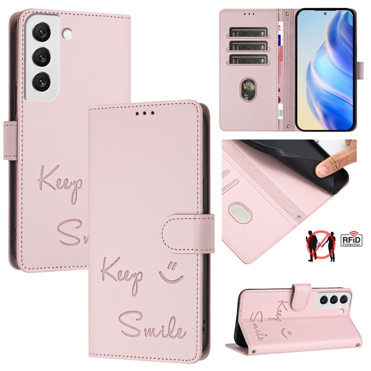

For Samsung Galaxy S22 5G Smile Embossing RFID Leather Phone Case(Pink)