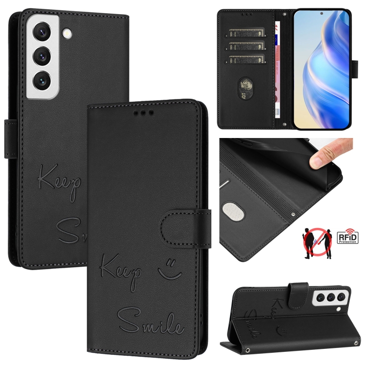 

For Samsung Galaxy S22 5G Smile Embossing RFID Leather Phone Case(Black)