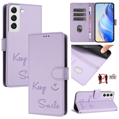 

For Samsung Galaxy S22 5G Smile Embossing RFID Leather Phone Case(Light Purple)