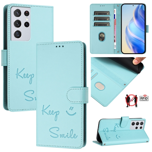 

For Samsung Galaxy S21 Ultra 5G Smile Embossing RFID Leather Phone Case(Mint Green)