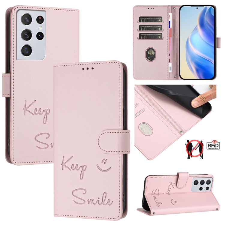 

For Samsung Galaxy S21 Ultra 5G Smile Embossing RFID Leather Phone Case(Pink)