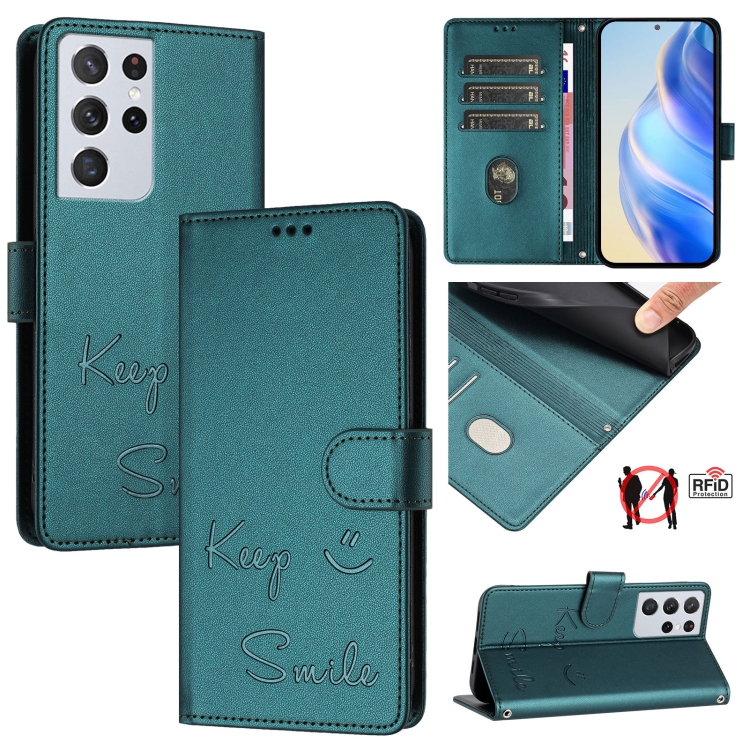 

For Samsung Galaxy S21 Ultra 5G Smile Embossing RFID Leather Phone Case(Peacock Green)