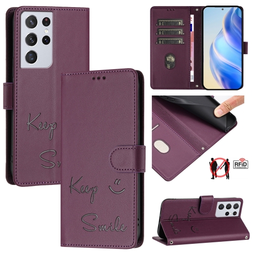 

For Samsung Galaxy S21 Ultra 5G Smile Embossing RFID Leather Phone Case(Violet)