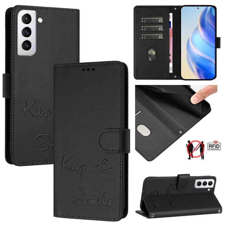 

For Samsung Galaxy S21+ 5G Smile Embossing RFID Leather Phone Case(Black)