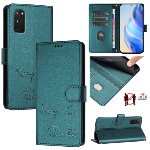 

For Samsung Galaxy S20 FE 2022 / 5G / 4G Smile Embossing RFID Leather Phone Case(Peacock Green)