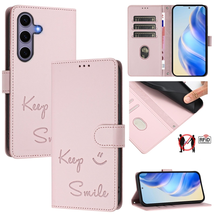 

For Samsung Galaxy S25 5G Smile Embossing RFID Leather Phone Case(Pink)