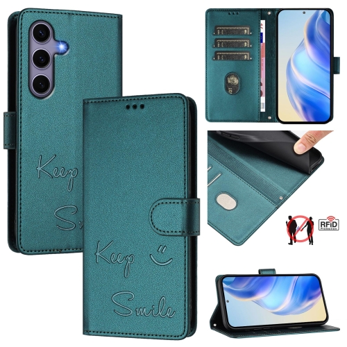 

For Samsung Galaxy S25 5G Smile Embossing RFID Leather Phone Case(Peacock Green)