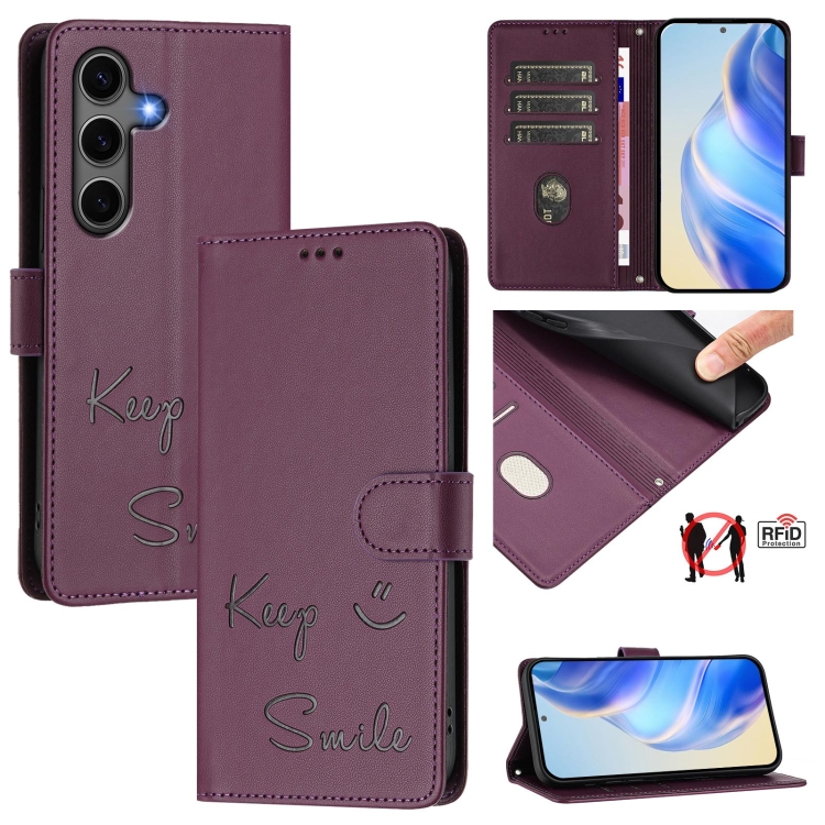 

For Samsung Galaxy S25+ 5G Smile Embossing RFID Leather Phone Case(Violet)