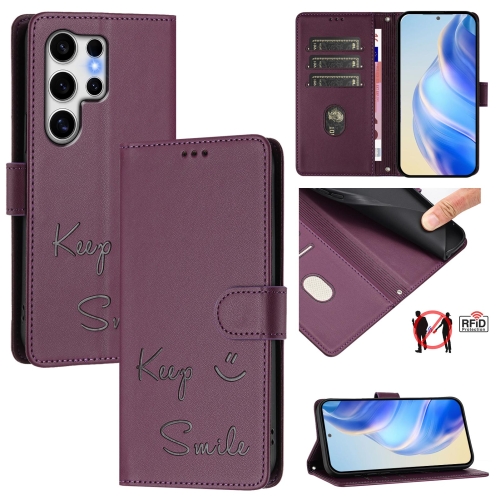 

For Samsung Galaxy S25 Ultra 5G Smile Embossing RFID Leather Phone Case(Violet)