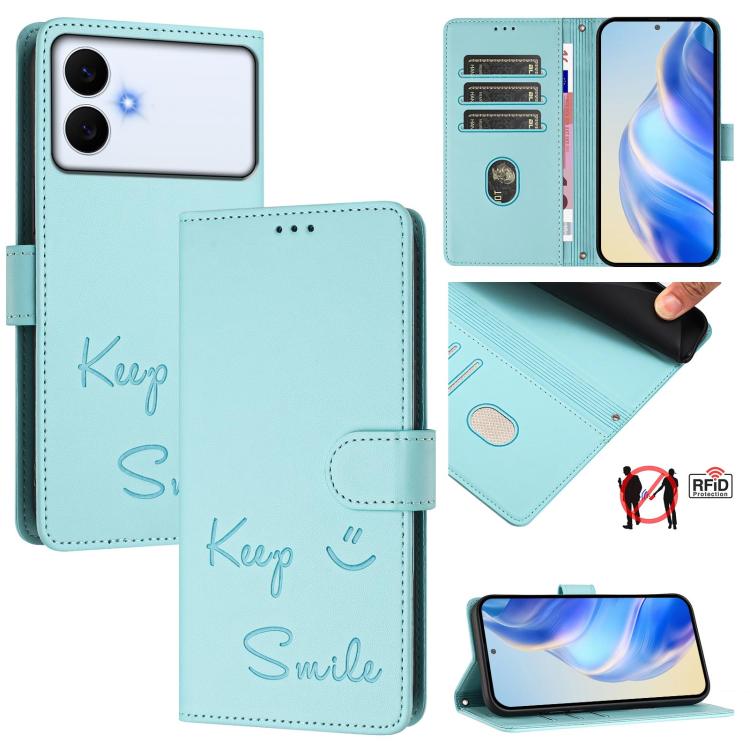 

For Samsung Galaxy S26 Edge 5G Smile Embossing RFID Leather Phone Case(Mint Green)