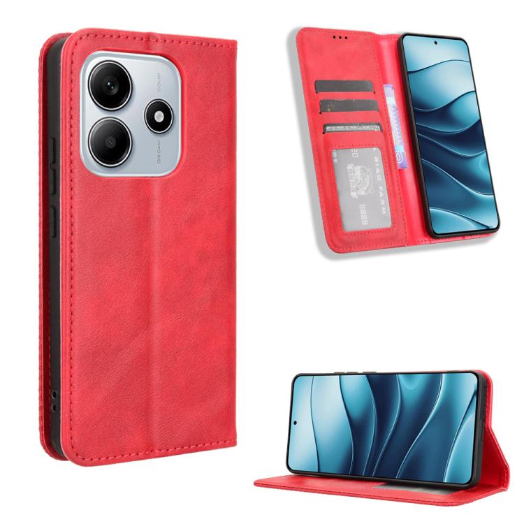 

For Redmi Note 14 4G Global 163.25mm Magnetic Buckle Retro Texture Leather Phone Case(Red)