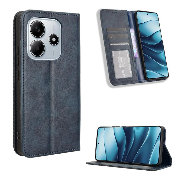 

For Redmi Note 14 4G Global 163.25mm Magnetic Buckle Retro Texture Leather Phone Case(Blue)
