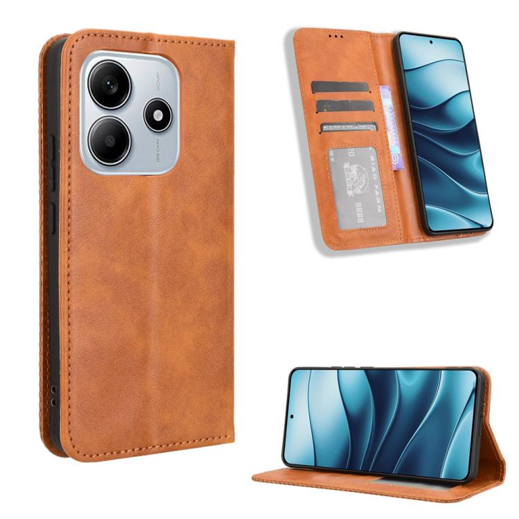 

For Redmi Note 14 4G Global 163.25mm Magnetic Buckle Retro Texture Leather Phone Case(Brown)