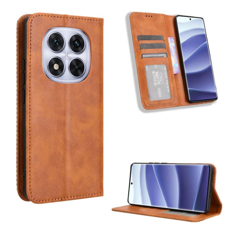 

For Redmi Note 14 Pro+ 5G Magnetic Buckle Retro Texture Leather Phone Case(Brown)