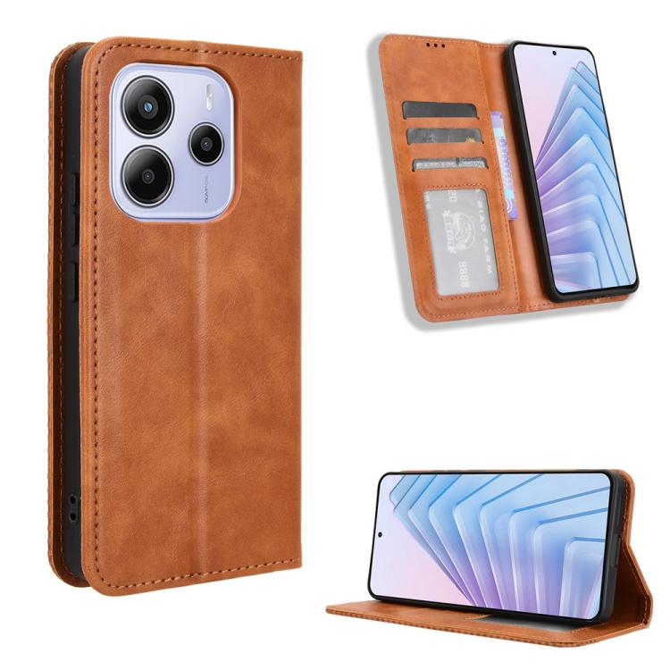 

For Redmi Note 14 4G 163.25mm Magnetic Buckle Retro Texture Leather Phone Case(Brown)