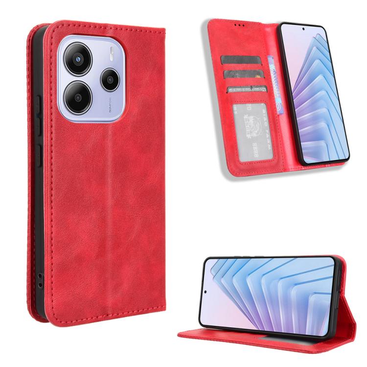 

For Redmi Note 14 4G 164.84mm EU Version Magnetic Buckle Retro Texture Leather Phone Case(Red)