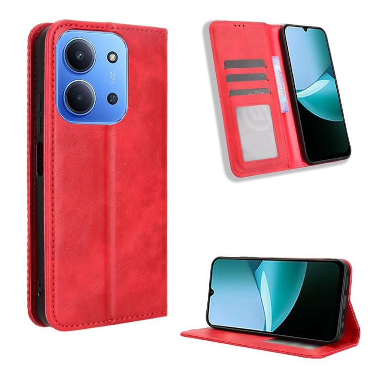 

For Redmi 15C 5G / 4G Global 171mm / Poco C85 4G Magnetic Buckle Retro Texture Leather Phone Case(Red)