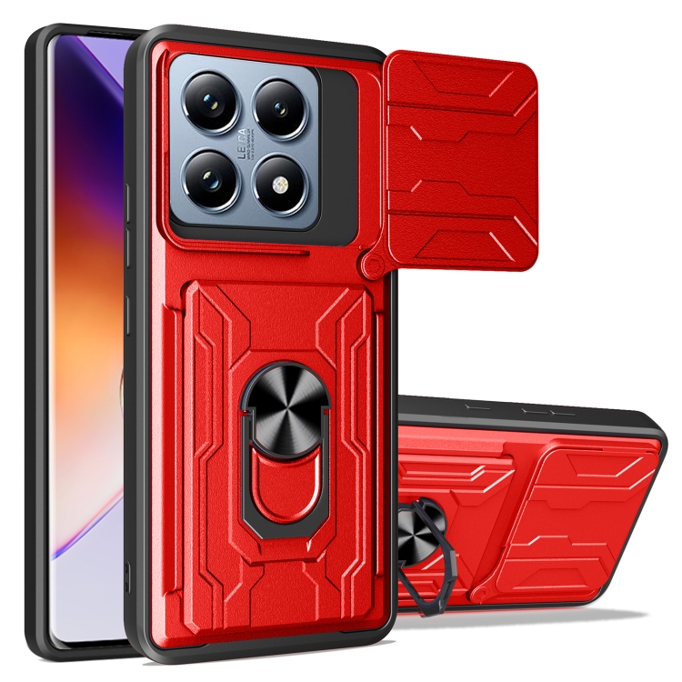 

For Xiaomi 14T Pro Sliding Camshield TPU+PC Phone Case with Card Slot(Red)