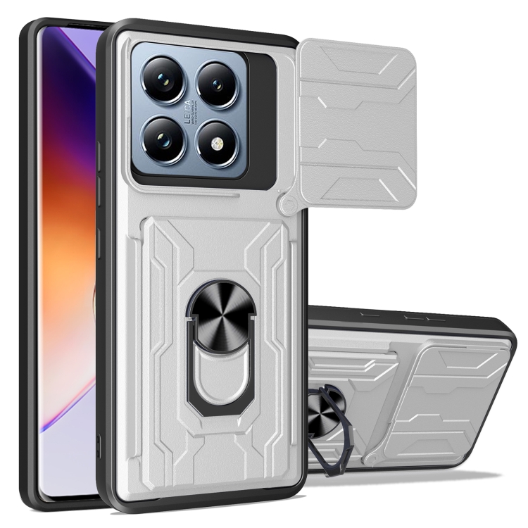 For Xiaomi 14T Pro Sliding Camshield TPU+PC Phone Case with Card Slot(White)