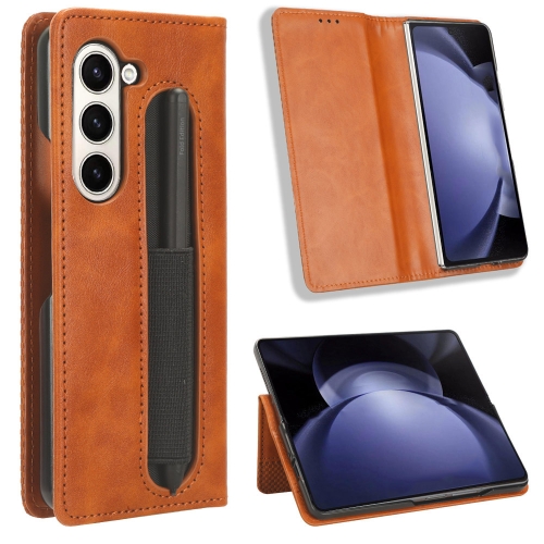 

For Samsung Galaxy Z Fold6 with Pen Slot Magnetic Buckle Retro Texture Leather Phone Case(Brown)