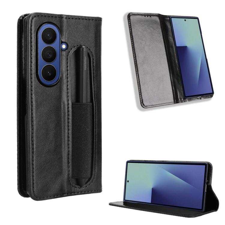 

For Samsung Galaxy Z Fold7 with Pen Slot Magnetic Buckle Retro Texture Leather Phone Case(Black)