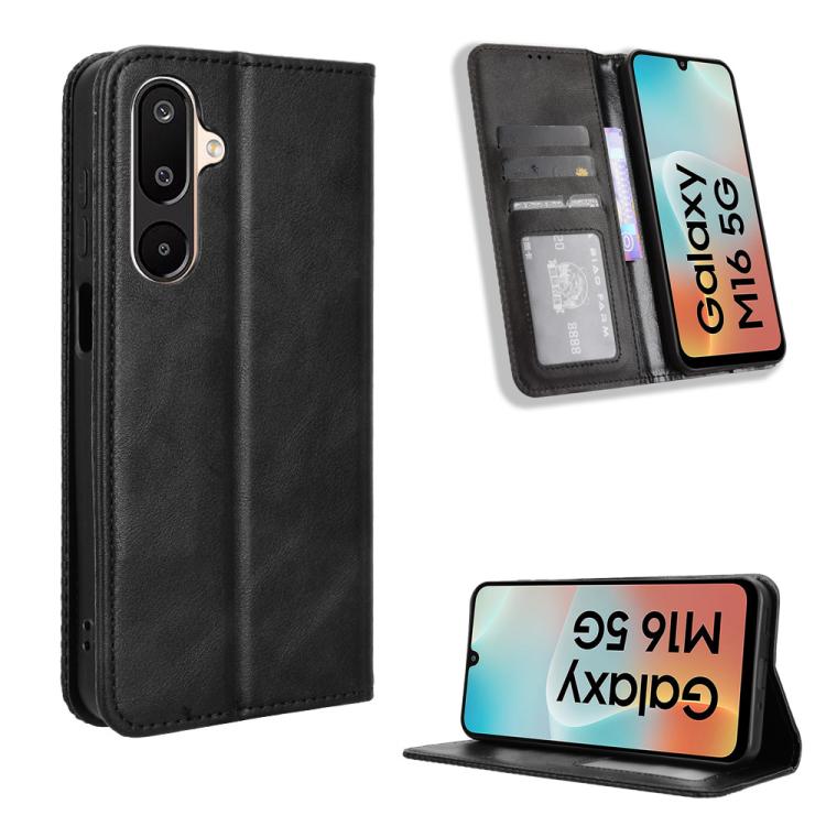 

For Samsung Galaxy F16 5G / M16 5G Magnetic Buckle Retro Texture Leather Phone Case(Black)