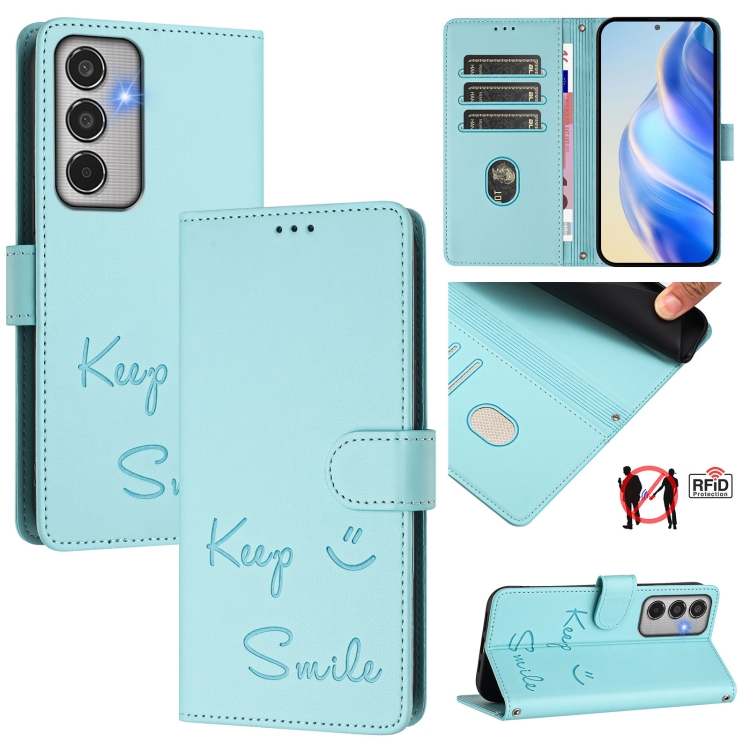 

For Samsung Galaxy M35 Smile Embossing RFID Leather Phone Case(Mint Green)