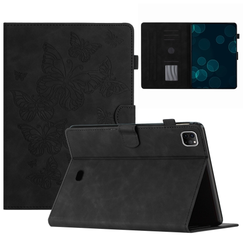 

For iPad Pro 11 2024 Butterflies Embossed Leather Smart Tablet Case(Black)