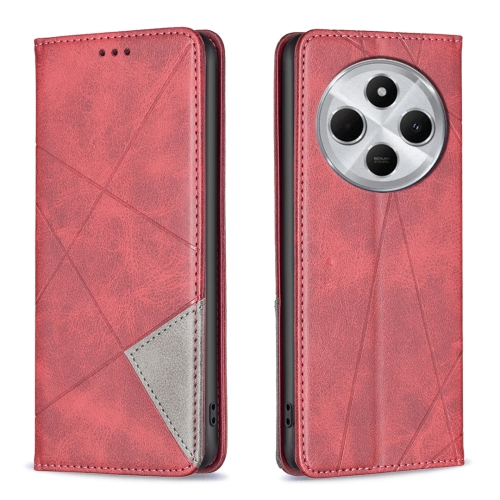 

For Redmi 14C 4G Rhombus Texture Magnetic Leather Phone Case(Red)