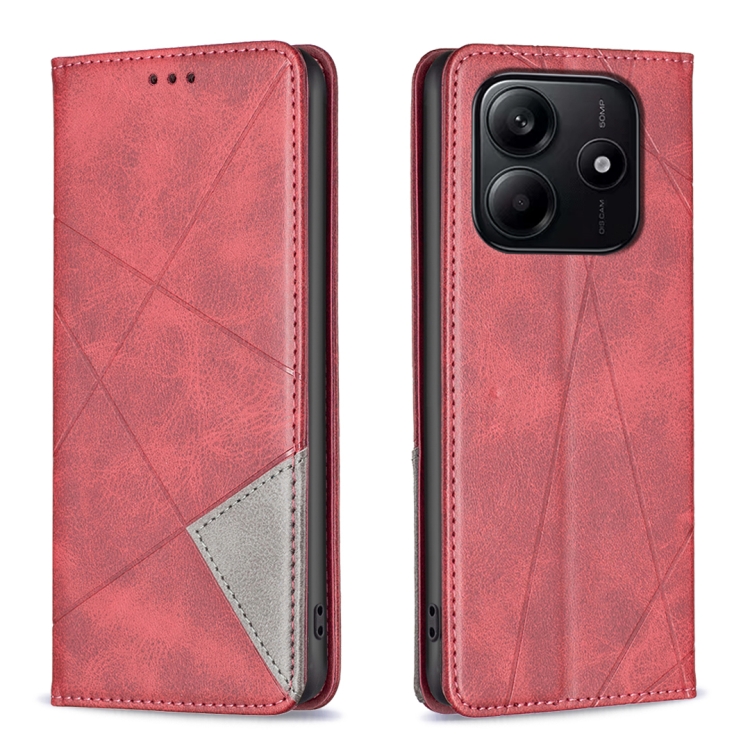 

For Redmi Note 14 5G Rhombus Texture Magnetic Leather Phone Case(Red)