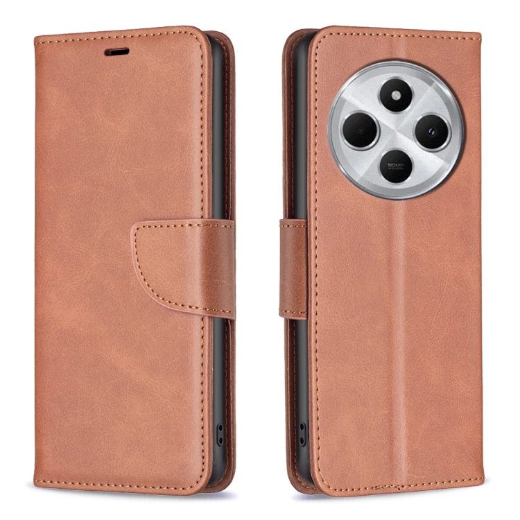 

For Redmi 14C 4G Lambskin Texture Pure Color Flip Leather Phone Case(Brown)