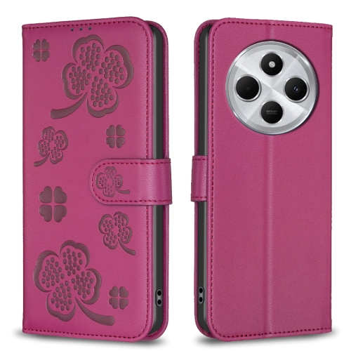 

For Redmi 14C 4G Four-leaf Embossed Leather Phone Case(Rose Red)