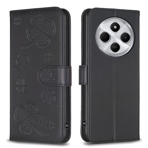 

For Redmi 14C 4G Four-leaf Embossed Leather Phone Case(Black)