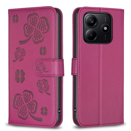 

For Redmi Note 14 5G Four-leaf Embossed Leather Phone Case(Rose Red)