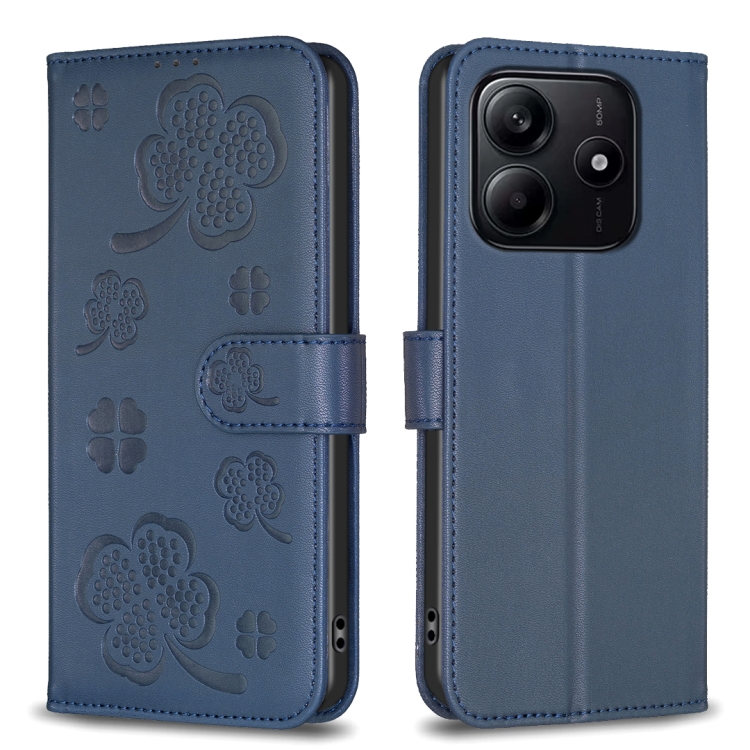 

For Redmi Note 14 5G Four-leaf Embossed Leather Phone Case(Blue)