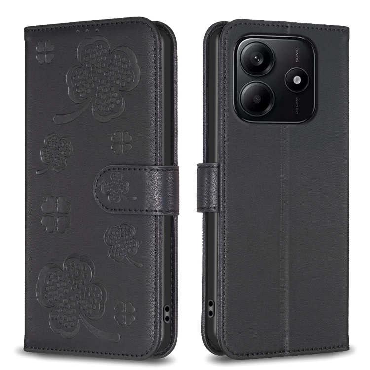 

For Redmi Note 14 5G Four-leaf Embossed Leather Phone Case(Black)