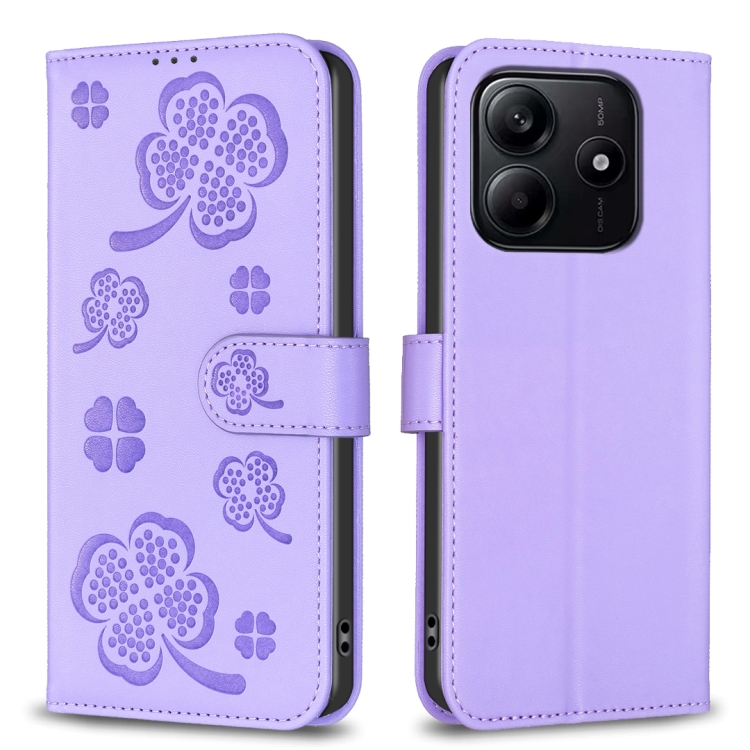 

For Redmi Note 14 5G Four-leaf Embossed Leather Phone Case(Purple)