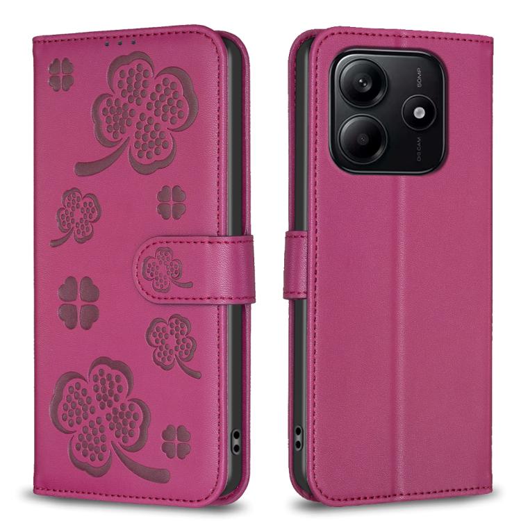 

For Redmi Note 14 4G Four-leaf Embossed Leather Phone Case(Rose Red)
