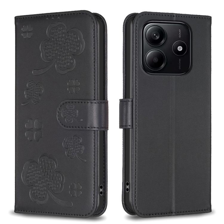

For Redmi Note 14 4G 163.25mm Four-leaf Embossed Leather Phone Case(Black)