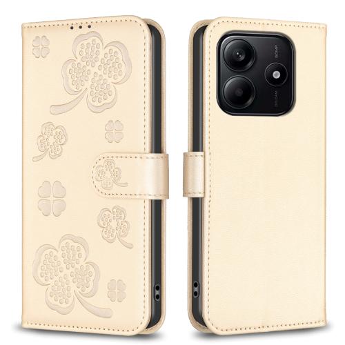 

For Redmi Note 14 4G 163.25mm Four-leaf Embossed Leather Phone Case(Gold)