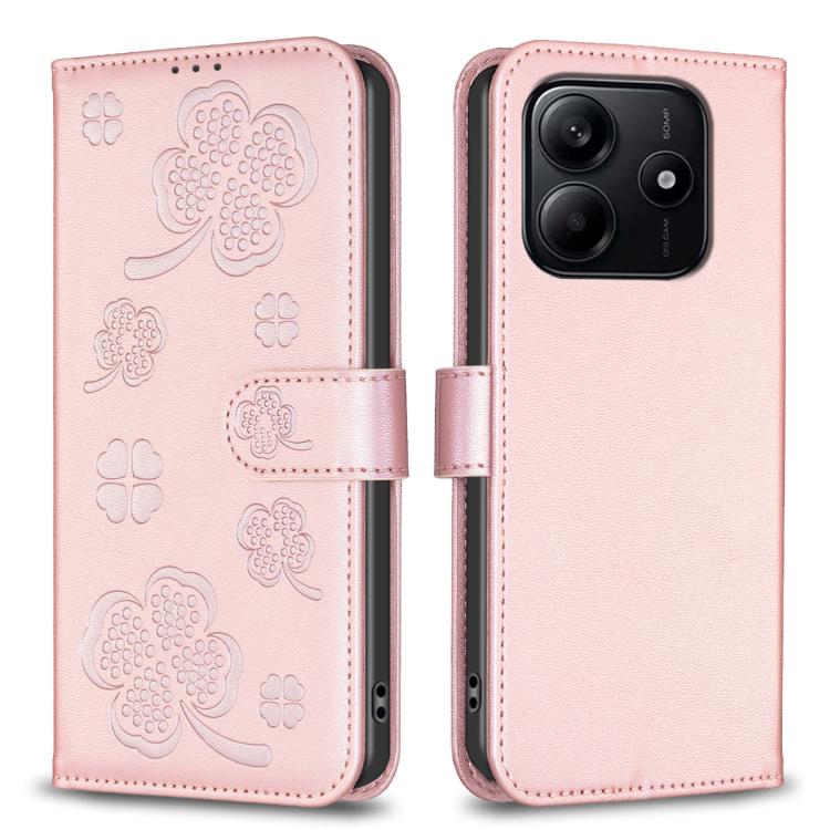 

For Redmi Note 14 4G 163.25mm Four-leaf Embossed Leather Phone Case(Pink)