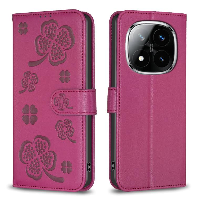 

For Redmi Note 14 Pro 4G Four-leaf Embossed Leather Phone Case(Rose Red)