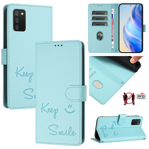 

For Samsung Galaxy A02s 164mm Smile Embossing RFID Leather Phone Case(Mint Green)