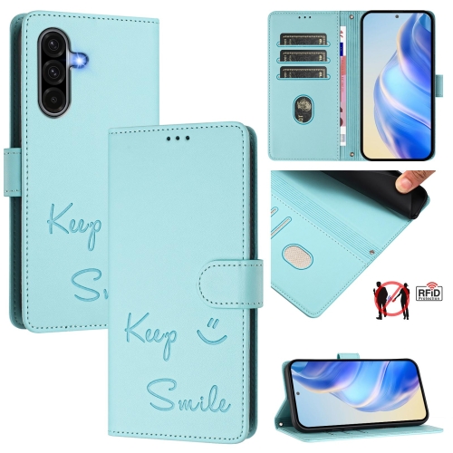 

For Samsung Galaxy A36 5G Smile Embossing RFID Leather Phone Case(Mint Green)