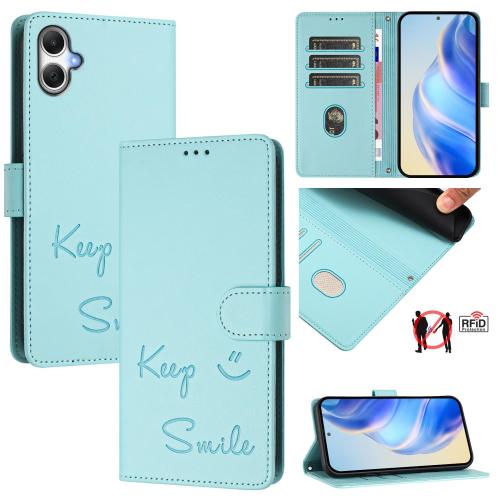 

For Samsung Galaxy A06 5G / 4G Smile Embossing RFID Leather Phone Case(Mint Green)