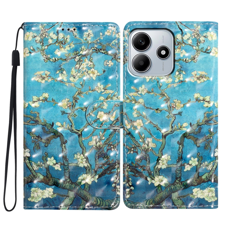 

For Redmi Note 14 5G 3D Pattern Leather Phone Case(Blue Base Apricot Flower)