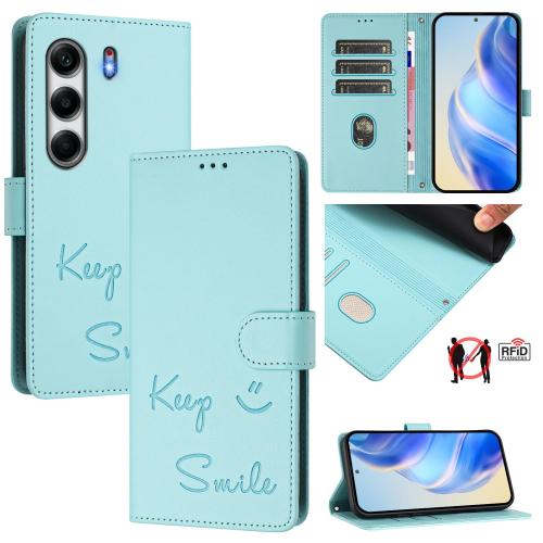 

For Tecno Camon 40 Pro 4G Smile Embossing RFID Leather Phone Case(Mint Green)
