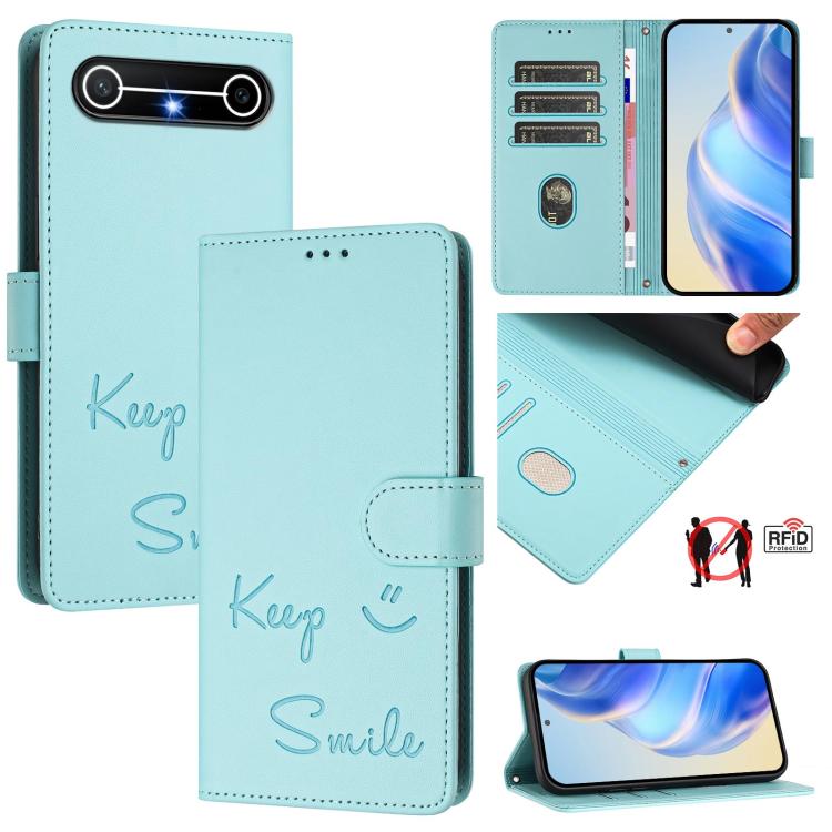

For Tecno Spark Slim 5G Smile Embossing RFID Leather Phone Case(Mint Green)