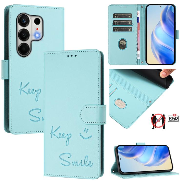 

For Tecno Camon 50 4G Smile Embossing RFID Leather Phone Case(Mint Green)